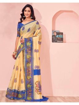 SATRANI - Beige Printed Saree with Unstitched Blouse