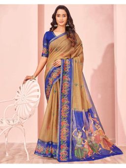 SATRANI - Brown Printed Saree with Unstitched Blouse