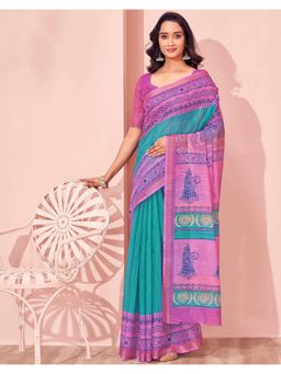 SATRANI - Turquoise Printed Saree with Unstitched Blouse