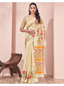 SATRANI - Beige Floral Printed Linen Saree with Unstitched Blouse