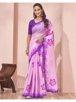 SATRANI - Pink Floral Printed Linen Saree with Unstitched Blouse