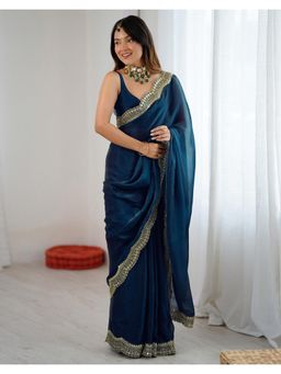 SATRANI - Teal Sequins Silk Saree with Unstitched Blouse