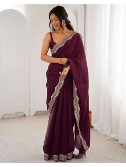 SATRANI - Wine Sequins Silk Saree with Unstitched Blouse