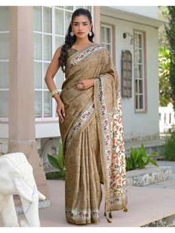 SATRANI - Beige Bandhani Printed Tassels Silk Saree with Unstitched Blouse