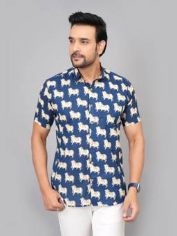 House of Gulab - Navy Blue Men by House of Gulab Short Sleeves Cotton Shirt