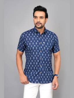 House of Gulab - Men by House of Gulab Short Sleeves Navy Blue Cotton Shirt