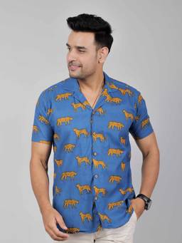 House of Gulab - Blue Cuban Collar Cotton Shirt