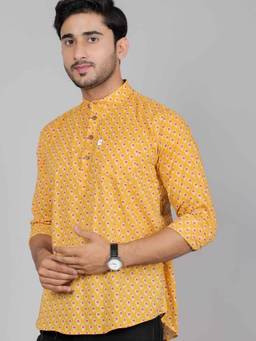 House of Gulab - Yellow Full Sleeves Cotton Kurta Collar Shirt