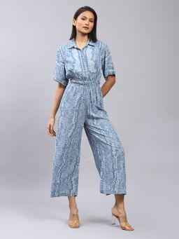 Label Ritu Kumar - Blue Floral Print Denim Jumpsuit