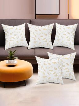 Kuber Industries - White Velvet Cushion Covers Golden Foil Leaf (Pack of 5) (16 x 16)