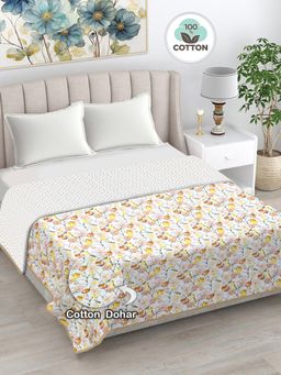 FABINALIV - Beige Floral Reversible AC Room 300 GSM 100% Cotton Bed Dohar (King)