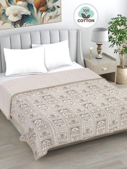 FABINALIV - Beige Floral Reversible AC Room 230 GSM Pure Cotton Bed Dohar (King)