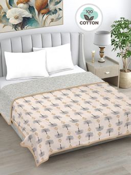 FABINALIV - Beige Floral Reversible AC Room 230 GSM Pure Cotton Bed Dohar (King)