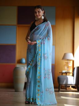 Odette - Women's Blue Georgette Printed Saree with Unstitched Blouse