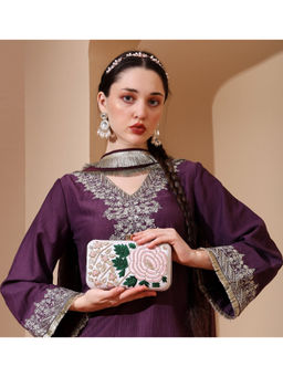 HOUSE OF WEBHIN - Rosette Embroidered White Clutch