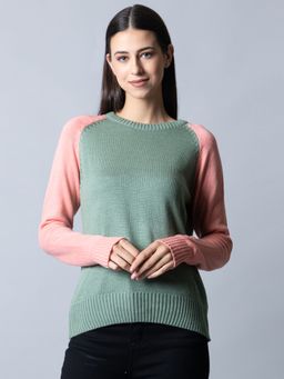 Club York - Womens Peach Full Sleeve Round Neck Colorblocked Sweater