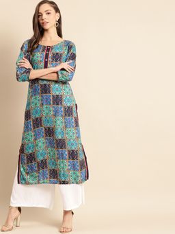Rangmayee - Women Blue Bandhani Foil Print Straight Kurta