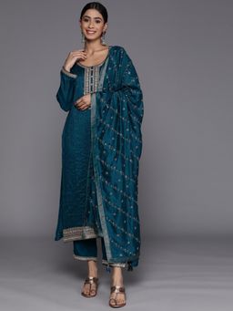 Libas - Embroidered Teal Kurta and Pant with Dupatta (Set of 3)