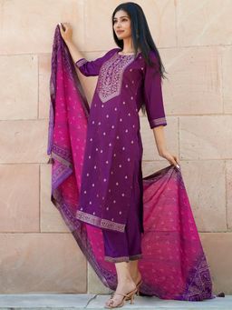 Libas - Embroidered Purple Kurta and Pant with Dupatta (Set of 3)