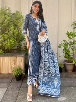 Libas - Printed Blue Kurta and Palazzo with Dupatta (Set of 3)