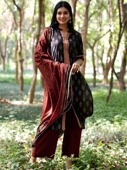 Libas - Printed Black Kurta and Palazzo with Dupatta (Set of 3)