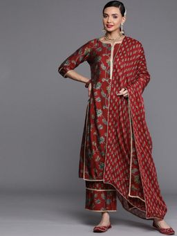 Libas - Printed Maroon Kurta and Palazzo with Dupatta (Set of 3)