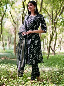 Libas - Printed Black Kurta and Pant with Dupatta (Set of 3)