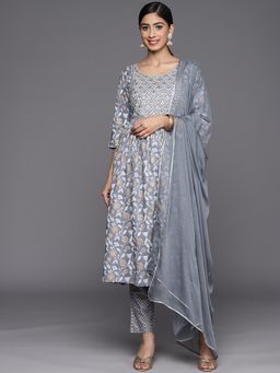 Libas - Printed Grey Kurta and Pant with Dupatta (Set of 3)