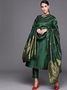 Libas - Woven Green Kurta and Pant with Dupatta (Set of 3)