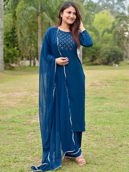 Libas - Embroidered Blue Kurta and Palazzo with Dupatta (Set of 3)