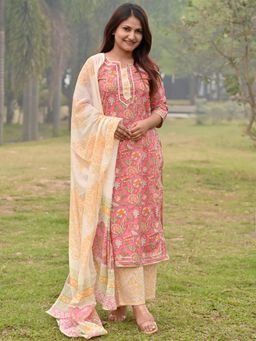 Libas - Printed Pink Kurta and Palazzo with Dupatta (Set of 3)