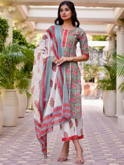 Libas - Printed Green Kurta and Palazzo with Dupatta (Set of 3)