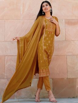 Libas - Embroidered Mustard Kurta and Pant with Dupatta (Set of 3)