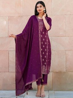 Libas - Embroidered Purple Kurta and Pant with Dupatta (Set of 3)