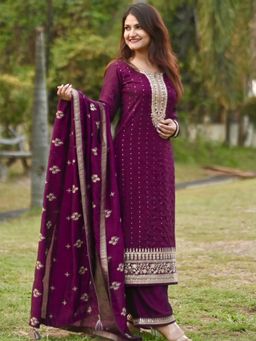Libas - Embroidered Purple Kurta and Palazzo with Dupatta (Set of 3)