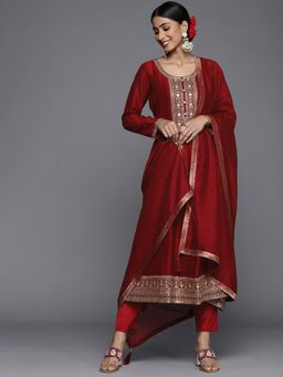 Libas - Embroidered Maroon Kurta and Pant with Dupatta (Set of 3)