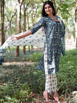 Libas - Printed Blue Kurta and Pant with Dupatta (Set of 3)