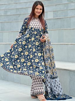 Libas - Printed Blue Anarkali and Palazzo with Dupatta (Set of 3)