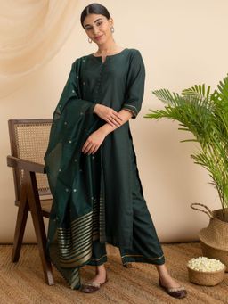 Libas - Solid Green Kurta and Palazzo with Dupatta (Set of 3)