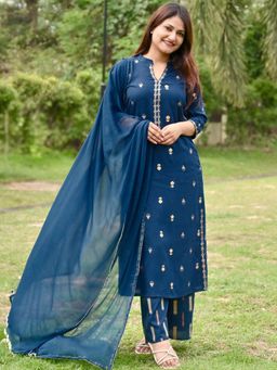 Libas - Printed Navy Blue Kurta and Pant with Dupatta