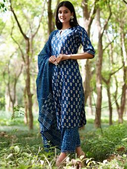 Libas - Printed Blue Kurta and Pant with Dupatta (Set of 3)