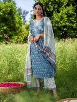Libas - Printed Blue Kurta and Palazzo with Dupatta (Set of 3)