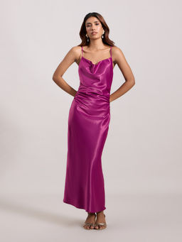 MIXT by Nykaa Fashion - Magenta Solid Cowl Neck Strappy Midi Dress