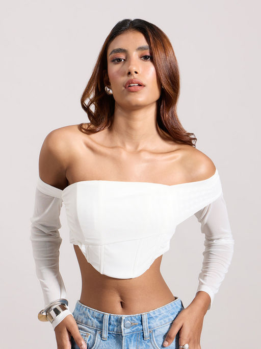 Buy MIXT by Nykaa Fashion White Solid Off Shoulder Bodycon Crop