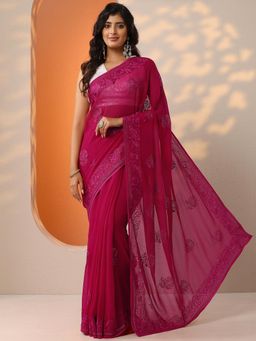 Libas - Pink Embroidered Embellished Saree with Unstitched Blouse