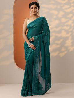 Libas - Green Floral Embroidered Saree with Unstitched Blouse