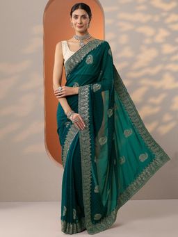 Libas - Green Ethnic Embroidered Saree with Unstitched Blouse
