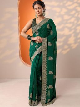 Libas - Green Embroidered Embellished Saree with Unstitched Blouse
