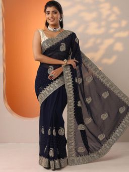 Libas - Navy Blue Embroidered Embellished Saree with Unstitched Blouse