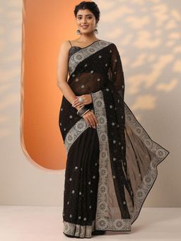 Libas - Black Zari Embroidered Saree with Unstitched Blouse